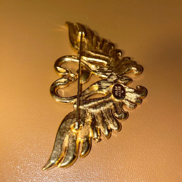 Brooch Large Kissing Swan Heart Nolan Miller With Rhinestones Gold Tone Finish - Picture 5 of 7
